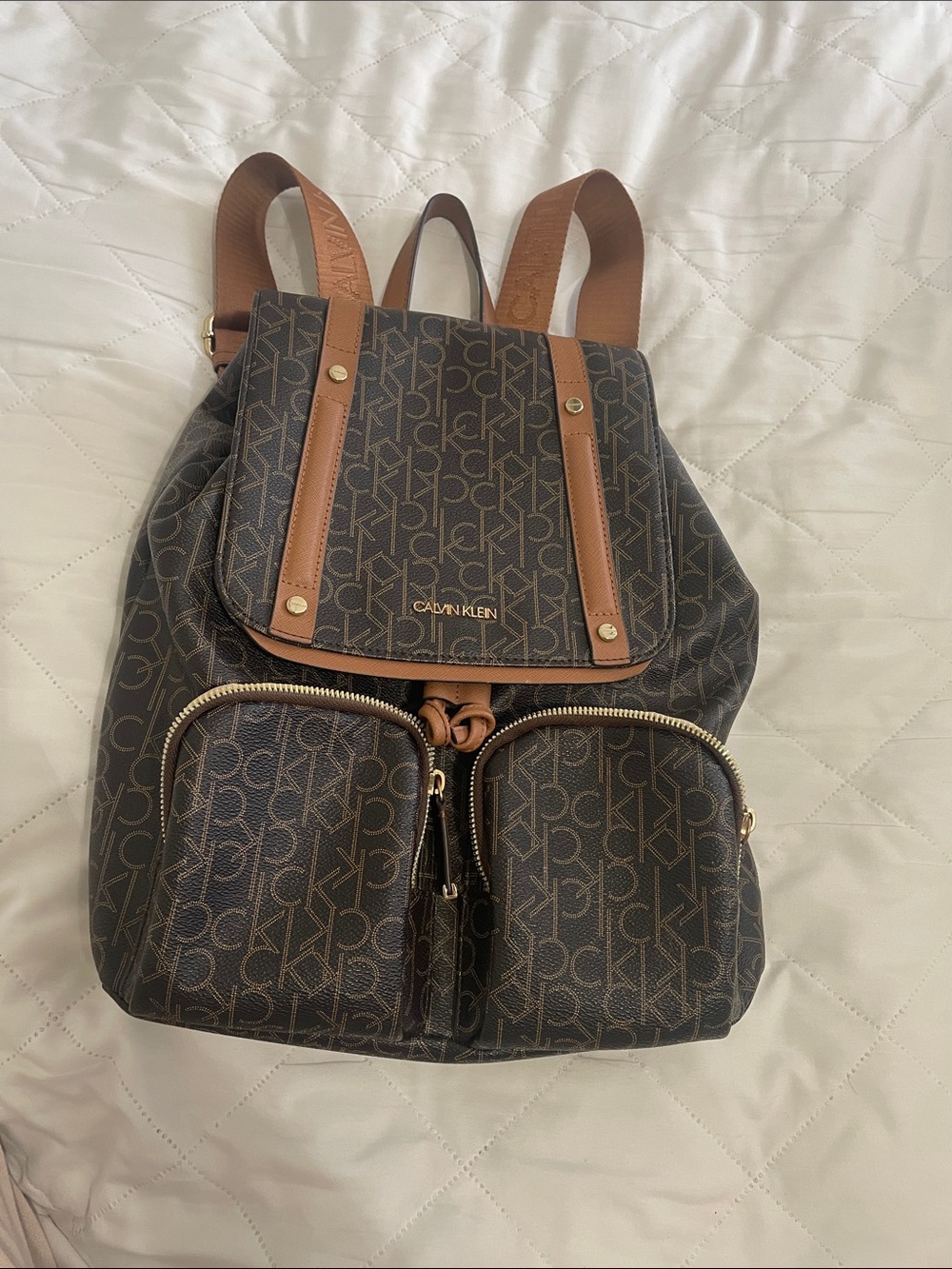 Calvin Klein Dark Brown Monogram Backpack with Tan Accents